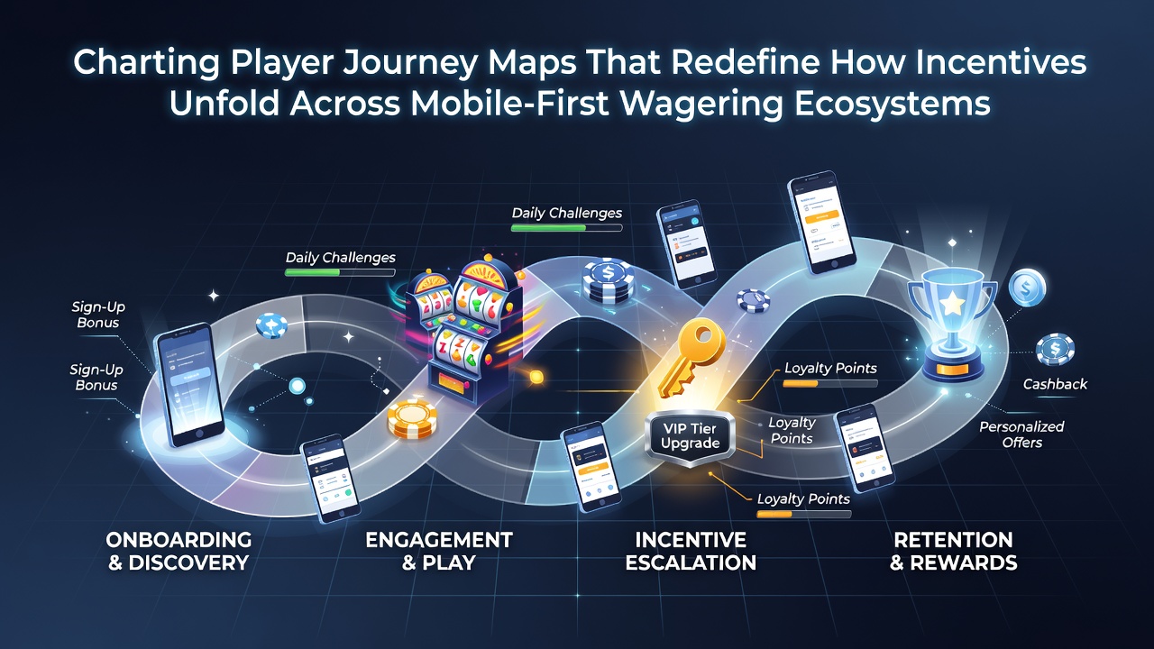 Visualization of player journey stages mapped across a mobile wagering interface with incentive triggers highlighted at key touchpoints