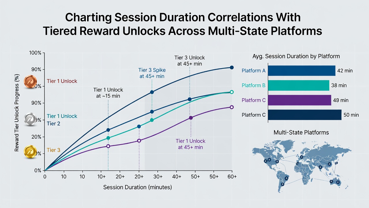 Chart comparing average session lengths and corresponding reward tier unlock rates across different state-regulated platforms