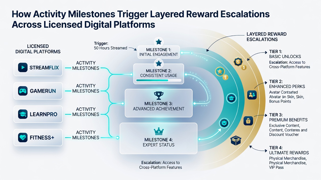 Infographic illustrating reward escalation tiers triggered by activity milestones on digital platforms
