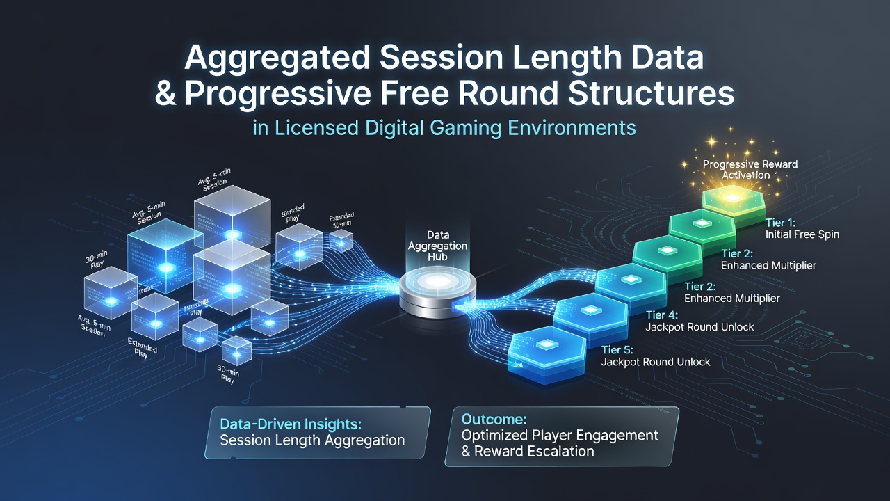 Dashboard displaying aggregated session length metrics from licensed digital gaming platforms with charts showing average play durations and free round progression rates