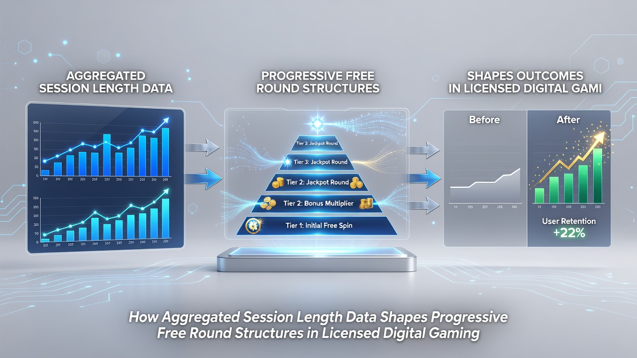 Illustration of progressive free round structures with layered bonus tiers connected to session duration data flows in a digital gaming interface