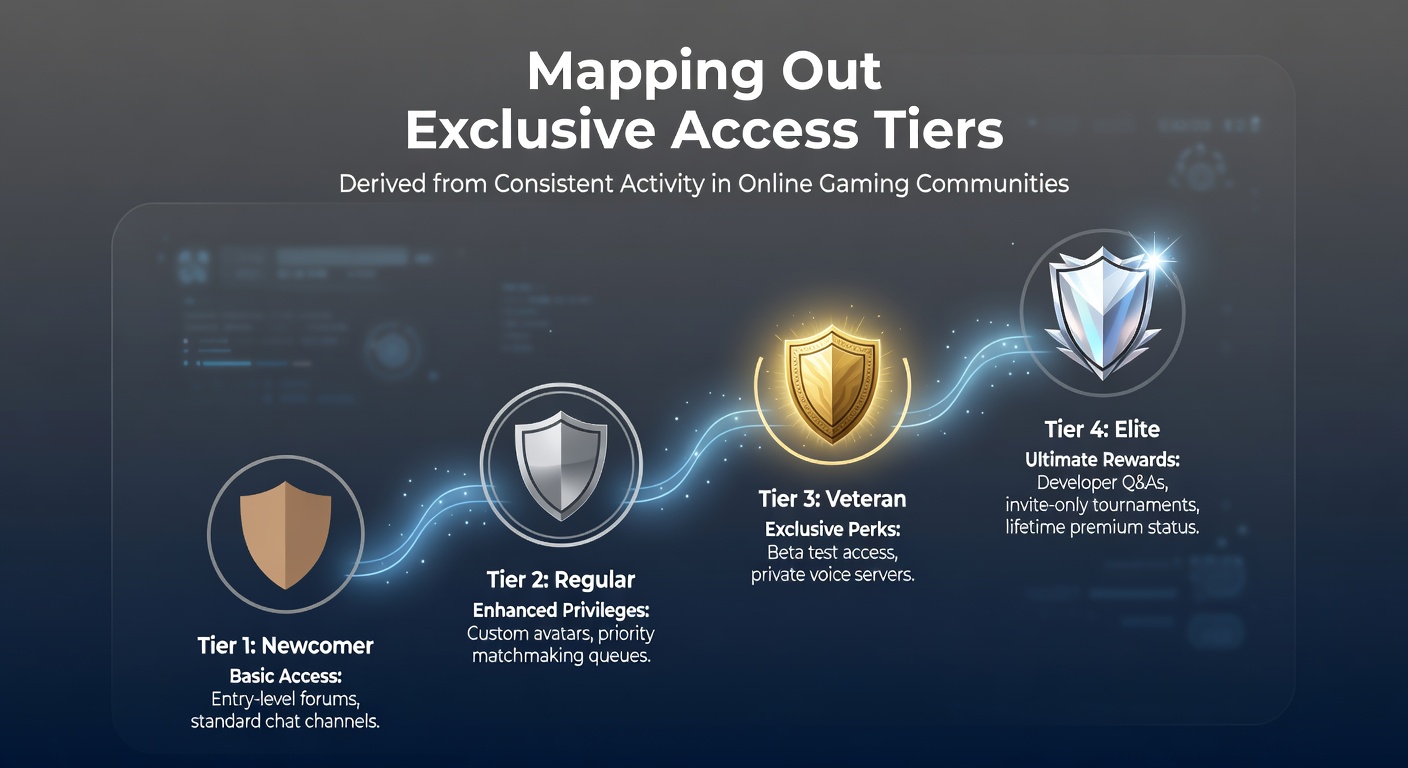 Diagram showing progression through exclusive access tiers in online gaming communities based on player activity levels