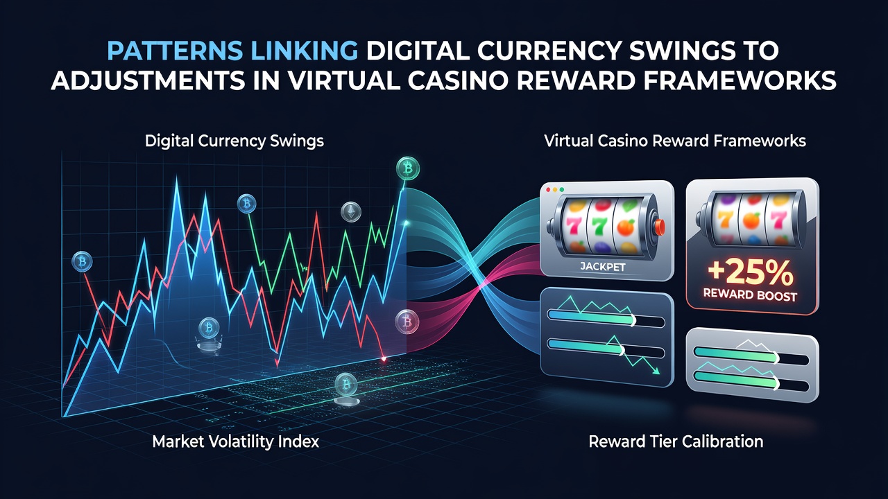 Digital currency charts overlaid with casino reward icons showing volatility patterns