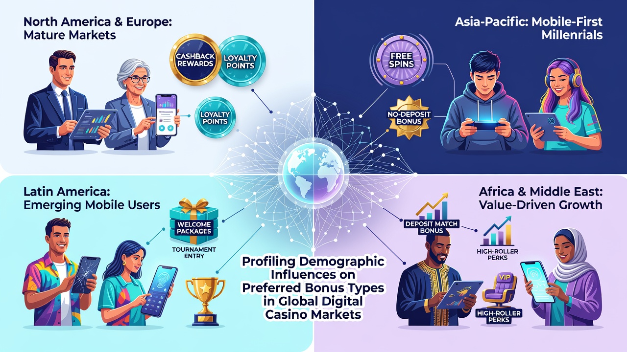 Analytics dashboards illustrate how demographic data influences bonus recommendations for diverse player groups in digital casinos